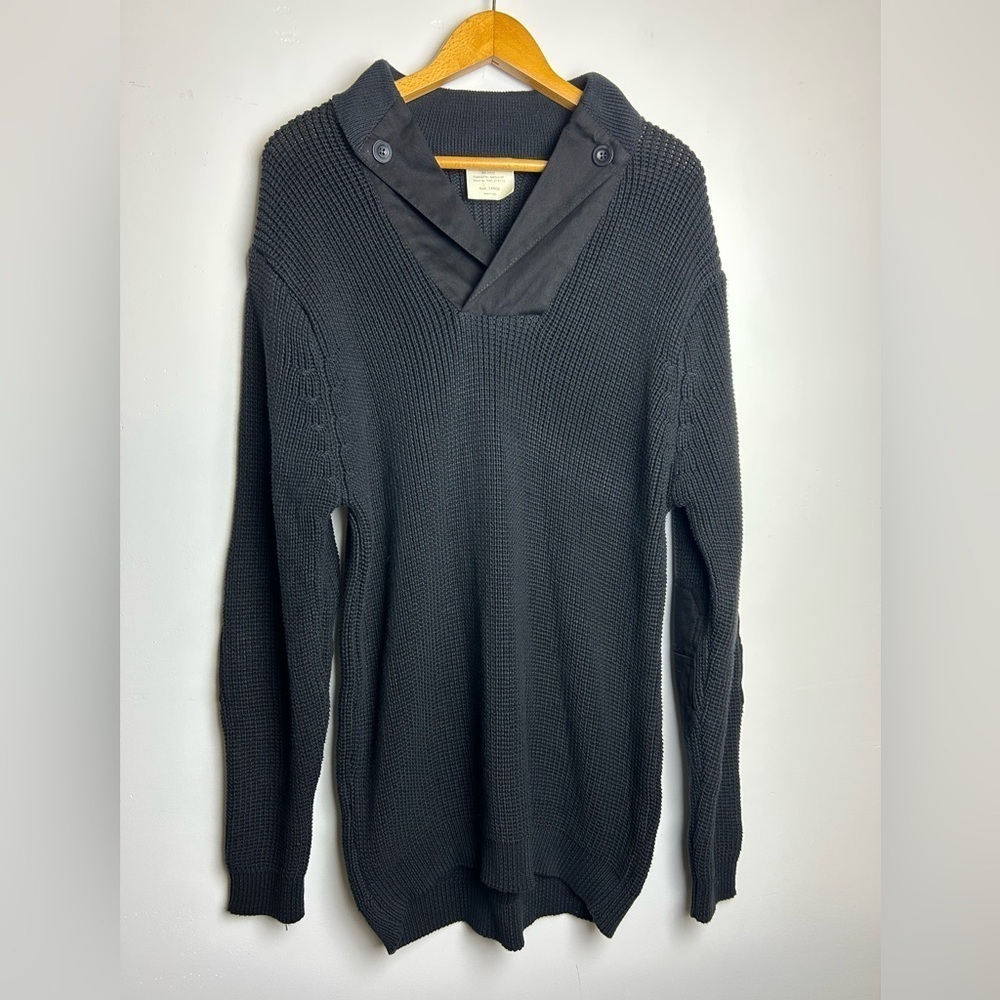 VTG Rothco Sweater Mechanic Men Black L Knit Elbow patch Longline Old Money Army